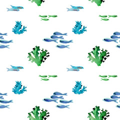 Watercolor handdrawn corals and fish in seamless pattern. Illustration of underwater life of a barrier reef. Design for covers, textile, packaging, background. Blue and green colors sea corals. 