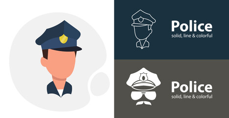 Police head flat icon, with Police head simple, line icon