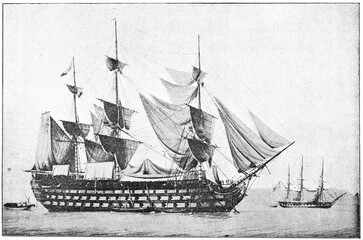 The Wagram (1810) - a first-rate 118-gun ship of the line of the French Navy, of the Ocean type. Illustration of the 19th century. Germany. White background.