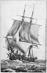 La Pomone (1806) - a 40-gun Hortense-class frigate of the French Navy. Illustration of the 19th century. Germany. White background. - obrazy, fototapety, plakaty