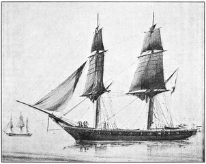 Mercure (1842) - a 18-gun brig, of the French Navy. Illustration of the 19th century. Germany....