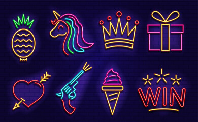 Set of neon icons. Neon images for casinos, bars, cafes. Vector illustration
