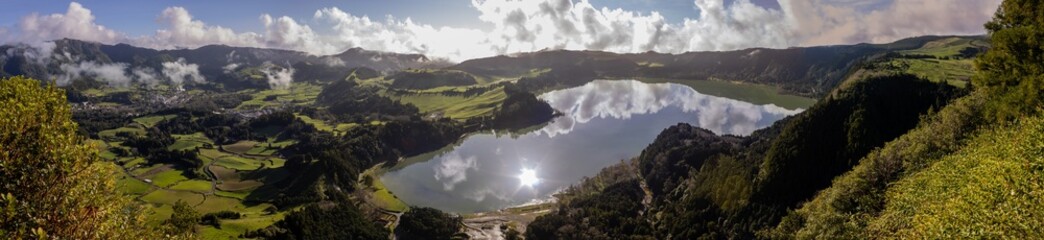 Landscape panorama, view over Furnas lake, Sao Miguel island, Azores.