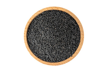 Black Sesame seeds in wooden bowl isolated on white background. Spices and food ingredients.