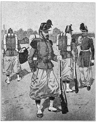 French guard light infantry  (1857). Illustration of the 19th century. Germany. White background.