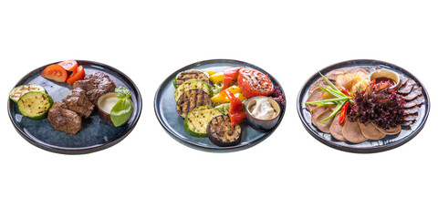 Three dishes: two types of salad and baked potatoes in sauce on a white isolated background. The concept of restaurant service. Business lunch.