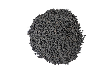 Black Sesame seeds heap isolated on white background. Spices and food ingredients.