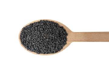 Black Sesame seeds in wooden spoon isolated on white background. Spices and food ingredients.