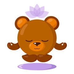 Funny cute kawaii meditating bear with lotus flower over head and round body in flat design with shadows. Isolated meditation animal vector illustration	