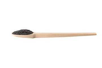 Black Sesame seeds in wooden spoon isolated on white background. Spices and food ingredients.
