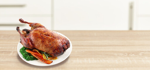 wooden table and defocused kitchen background