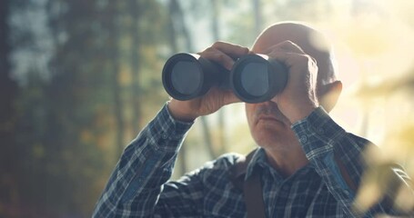 Tourist using binoculars and observing wildlife