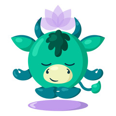 Funny cute kawaii meditating bull or cow with lotus flower over head and round body in flat design with shadows. Isolated meditation animal vector illustration	