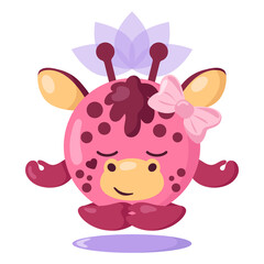 Funny cute kawaii meditating giraffe with lotus flower over head and round body in flat design with shadows. Isolated meditation animal vector illustration	