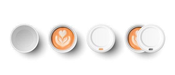 Vector 3d Realistic Paper White Disposable Empty and with Milk Coffee Cup with Lid Set Isolated. Latte, Capuccino. Foam, Flower, Heart Pattern. Stock Vector Illustration. Design Template. Top View