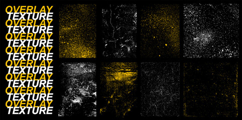 Detailed collection Overlays texture with effects - damage, old, crack, grain, dirty concrete and other. Different paint stamp texture with drop ink, halftone stamp. Vector overlay effect vintage - obrazy, fototapety, plakaty