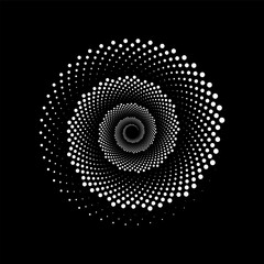 White spiral of dots in monochrome style. Design helix for abstract background. Abstract spiral sound wave with rhythm dots dynamic.
Vector monochrome illustration isolated in black background