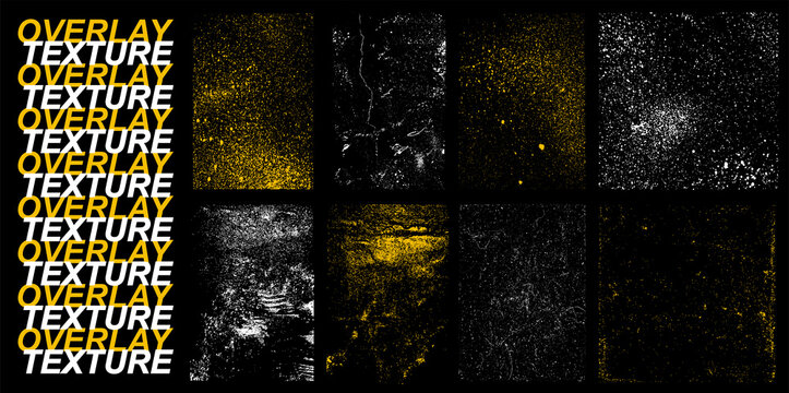Detailed collection Overlays texture with effects - damage, old, crack, grain, dirty concrete and other. Different paint stamp texture with drop ink, halftone stamp. Vector overlay effect vintage