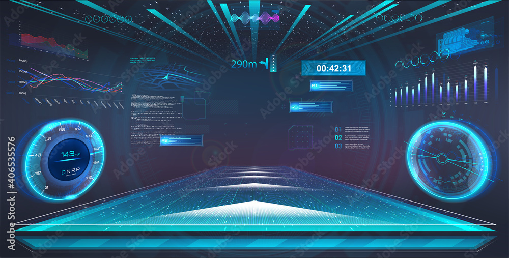 Poster Cyberspace virtual and augmented reality in HUD style. Head Up Display design. Volumetric space of VR with Head-up display design in HUD style. VR Cockpit Car, futuristic transport, spaceship. Vector