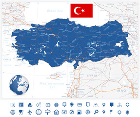 Detailed road vector map of Turkey and navigation icons
