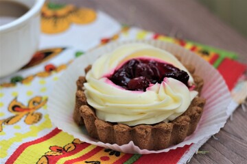 cheesecake with cream and cherry
