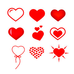 set of red vector hearts isolated on white background
