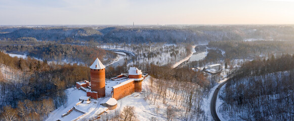 Classic close-up view of famous castle in scenic morning light at sunrise on a beautiful cold sunny day in winter.