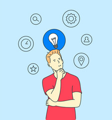 Thinking, idea, search, business concept. Young man or boy, thought choose decide dilemmas solve problems finding new ideas.