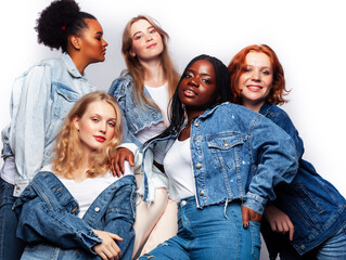diverse multi nation girls group, teenage friends company cheerful having fun, happy smiling, cute posing isolated on white background, lifestyle people concept, african-american, asian and caucasian