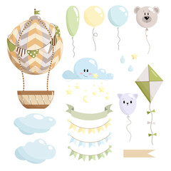 Adorable nursery set of hot air balloon, clouds, stars, balloons, drops, kite, paper flags, ribbon without text with white background. Kids vector illustration. Perfect for baby shower, birthday card.