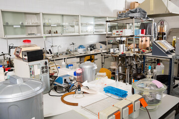 Interior of chemical laboratory equipped with different tools and facilities for scientific research