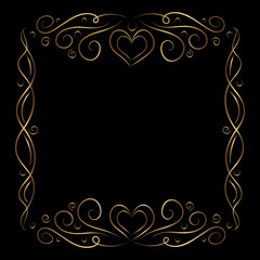 Vecrot ornate gold frame with hearts. Fancy golden border for design, social media banner, card