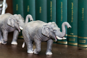 Closeup shot of elephant figurines against green books