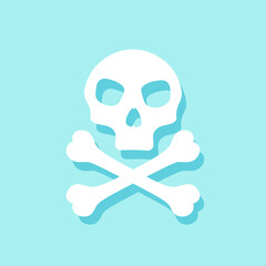 Skull cross bone with shadow on blue background, simple vector illustration.