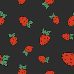 Vector seamless pattern with straberrys in retro style. Hand drawn texture in doodle style.