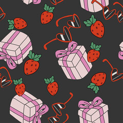 Vector seamless pattern with straberrys, gifts and heart glasses in retro style. Hand drawn texture in doodle style.