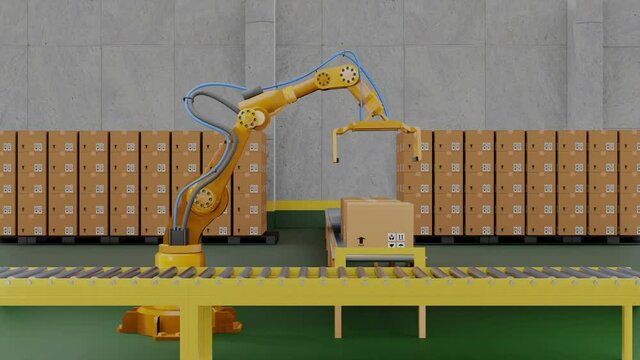 Modern, advanced, robot arm loading.robotic arm in factory.3d rendering.