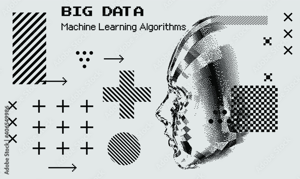 Poster Abstract technology background with 3d face mask made of particles. Conceptual illustration of Artificial intelligence.