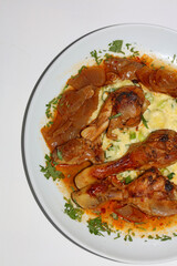 Chicken legs close up braised with butcher's onions served with mashed herb potatoes greek cuisine modern high quality prints