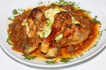 Chicken legs close up braised with butcher's onions served with mashed herb potatoes greek cuisine modern high quality prints