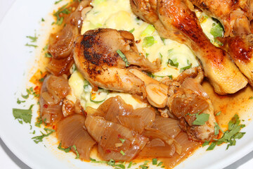 Chicken legs close up braised with butcher's onions served with mashed herb potatoes greek cuisine modern high quality prints