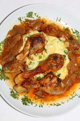 Chicken legs close up braised with butcher's onions served with mashed herb potatoes greek cuisine modern high quality prints