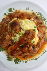 Chicken legs close up braised with butcher's onions served with mashed herb potatoes greek cuisine modern high quality prints