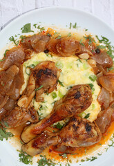 Chicken legs close up braised with butcher's onions served with mashed herb potatoes greek cuisine modern high quality prints