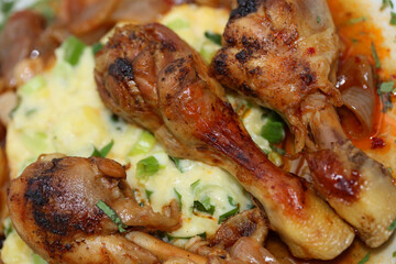 Chicken legs close up braised with butcher's onions served with mashed herb potatoes greek cuisine modern high quality prints