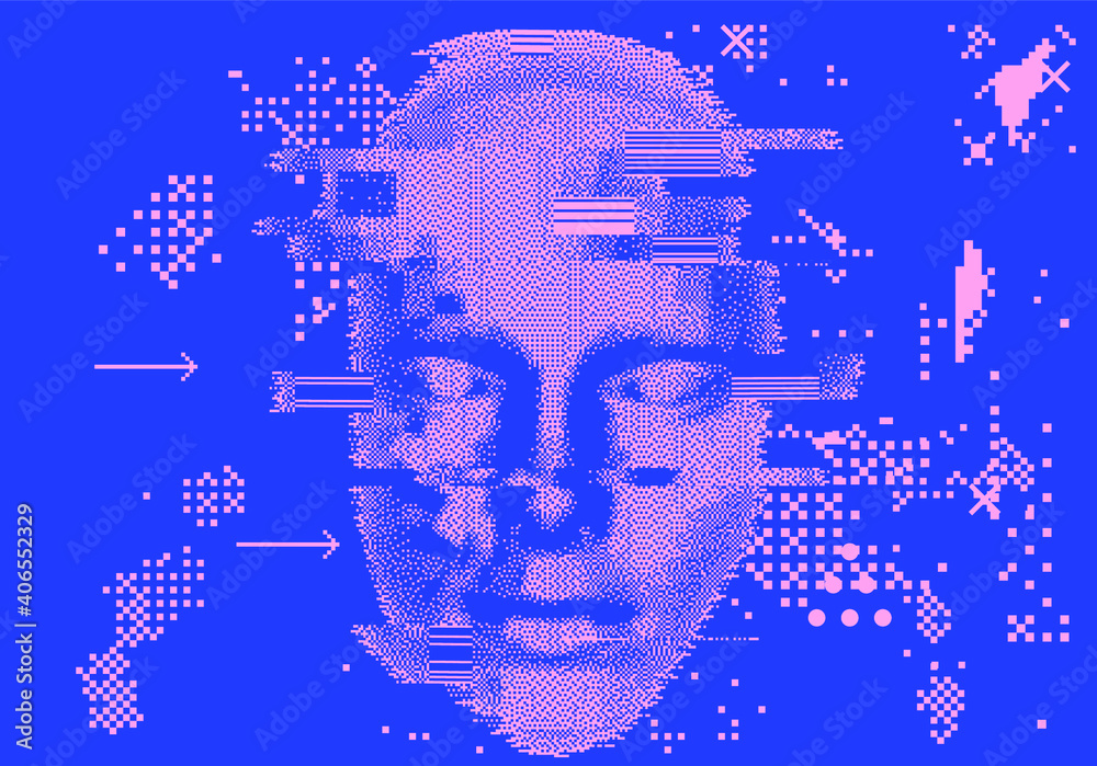 Poster Abstract technology background with 3d face mask made of particles. Conceptual illustration of Artificial intelligence.