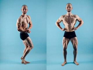 Fototapeta na wymiar bodybuilder poses in 2 different postures from side and front in full length with visible muscles and tendons while smiling happily and confident about his athletic body