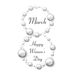 Elegant luxury international women's day 8 march isolated on white background with white pearls. 8th march happy woman day layout template for advertise, menu, flyer, banner, card, poster, invitation.