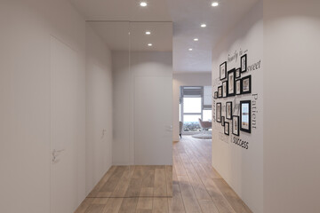 Fototapeta premium 3d visualization of the interior of the hall, city apartment. Render of the Scandinian style interior design. Background for presentation with different lighting.