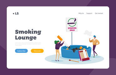 Characters Unhealthy Habit, Smoking Nicotine Tobacco Addiction Landing Page Template. Tiny Woman Put Out Huge Cigarette